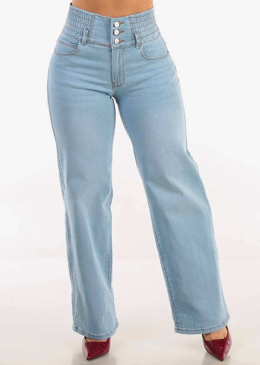 MX JEANS Butt Lift 3 Button Spandex Waist Straight Wide Leg Jeans Light Blue sold by Moda product image thumbnail 4