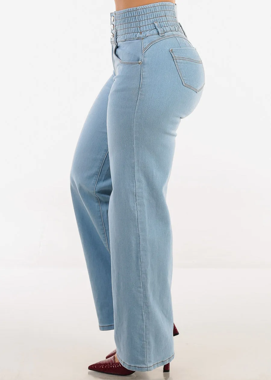 MX JEANS Butt Lift 3 Button Spandex Waist Straight Wide Leg Jeans Light Blue sold by Moda product image thumbnail 5