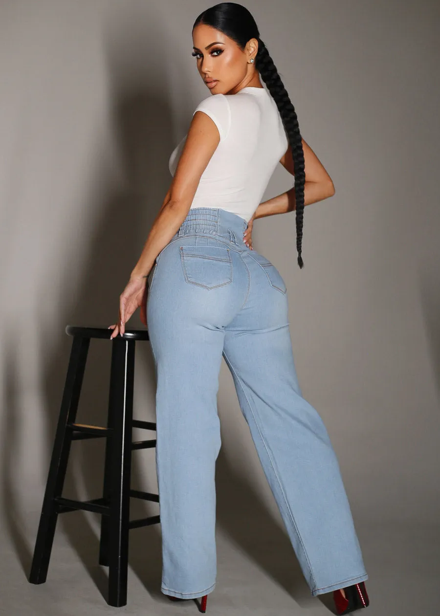 MX JEANS Butt Lift 3 Button Spandex Waist Straight Wide Leg Jeans Light Blue sold by Moda product image thumbnail 3