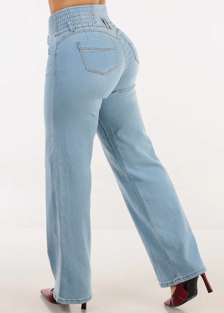 MX JEANS Butt Lift 3 Button Spandex Waist Straight Wide Leg Jeans Light Blue sold by Moda