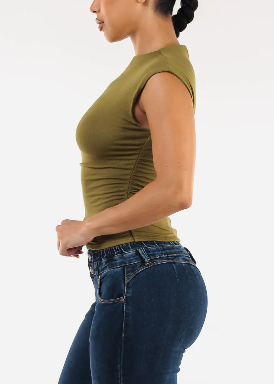 Stretchy Mock Neck Sleeveless Ruched Top Olive sold by Moda product image thumbnail 3