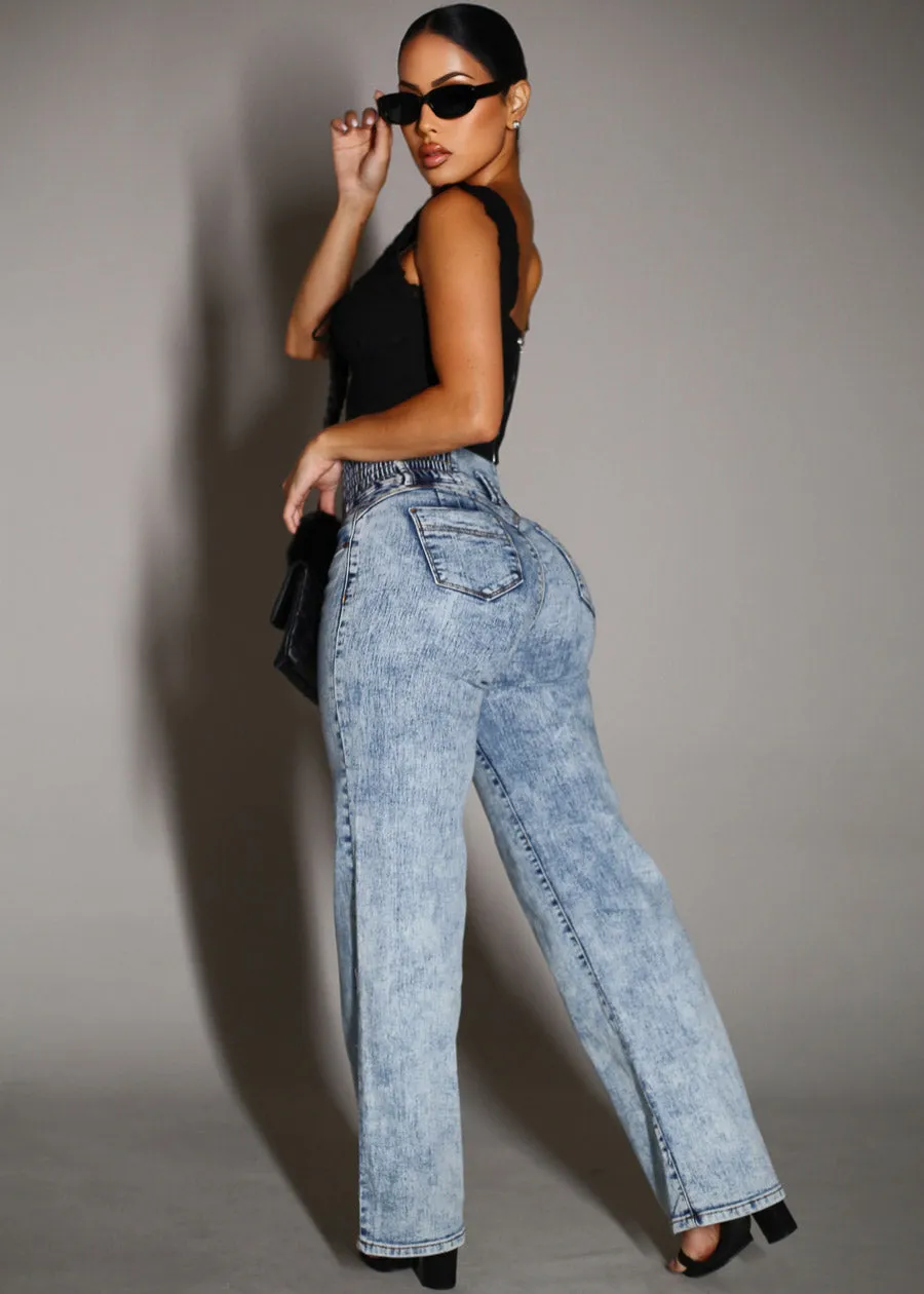 MX JEANS Butt Lift 3 Button Spandex Waist Straight Wide Leg Jeans Acid Wash sold by Moda product image thumbnail 3