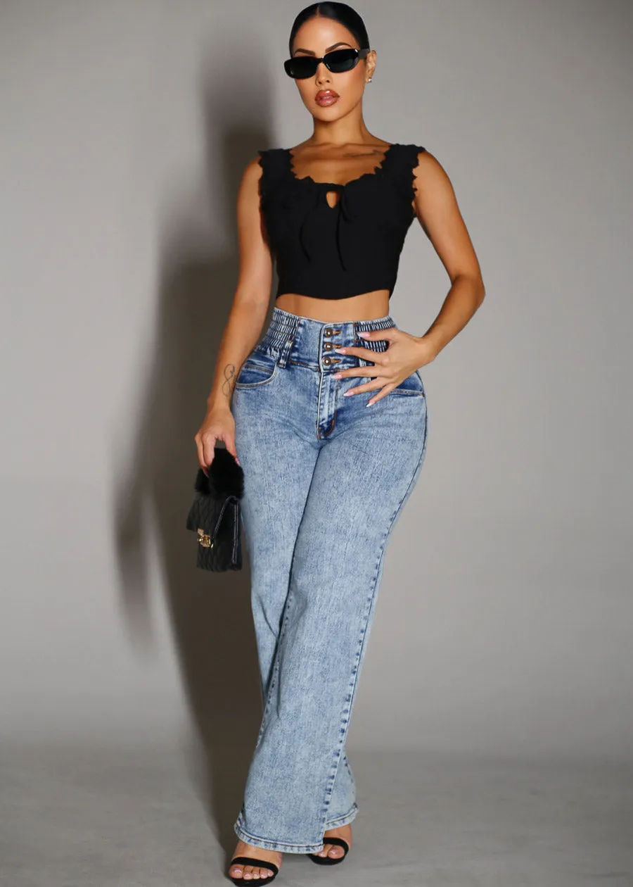 MX JEANS Butt Lift 3 Button Spandex Waist Straight Wide Leg Jeans Acid Wash sold by Moda product image thumbnail 4