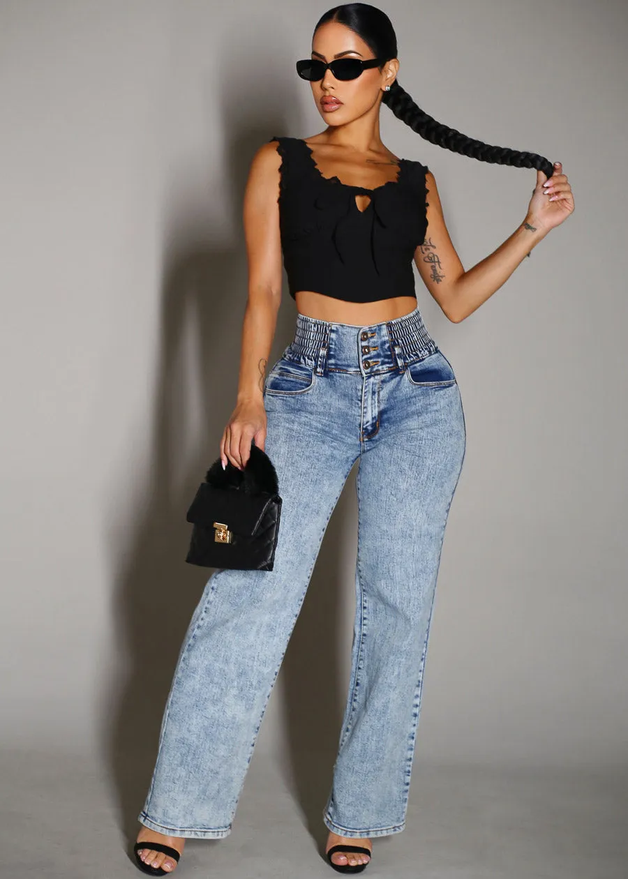 MX JEANS Butt Lift 3 Button Spandex Waist Straight Wide Leg Jeans Acid Wash sold by Moda product image thumbnail 2