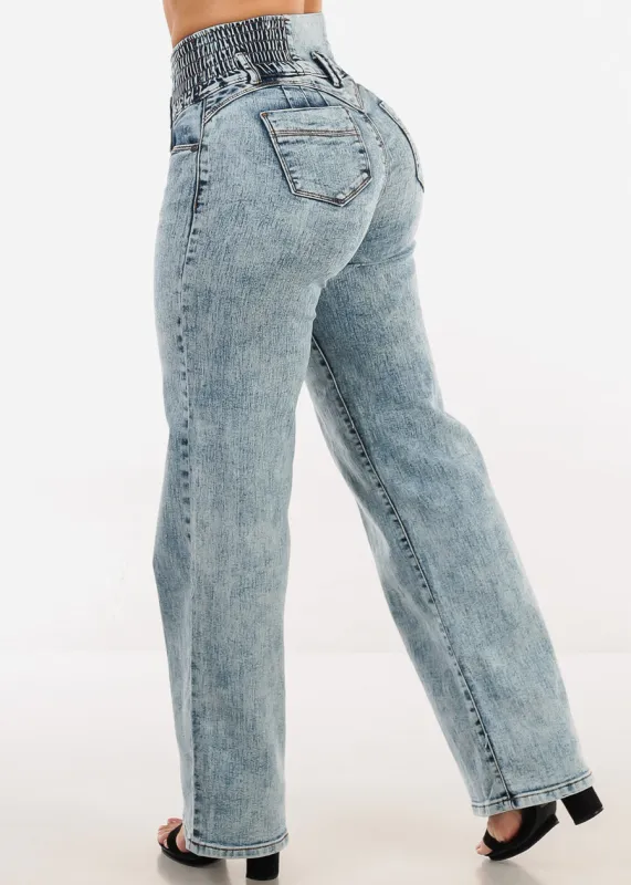 MX JEANS Butt Lift 3 Button Spandex Waist Straight Wide Leg Jeans Acid Wash sold by Moda