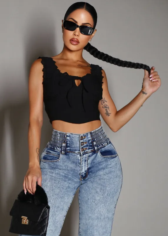Sleeveless Black Crop Top w Lace Detail sold by Moda