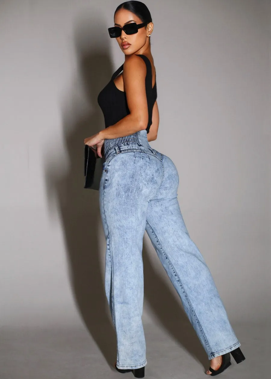 MX JEANS Butt Lift 5 Button Spandex Waist Straight Wide Leg Jeans Acid Wash sold by Moda product image thumbnail 3