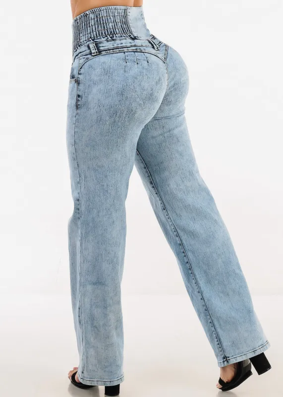 MX JEANS Butt Lift 5 Button Spandex Waist Straight Wide Leg Jeans Acid Wash sold by Moda