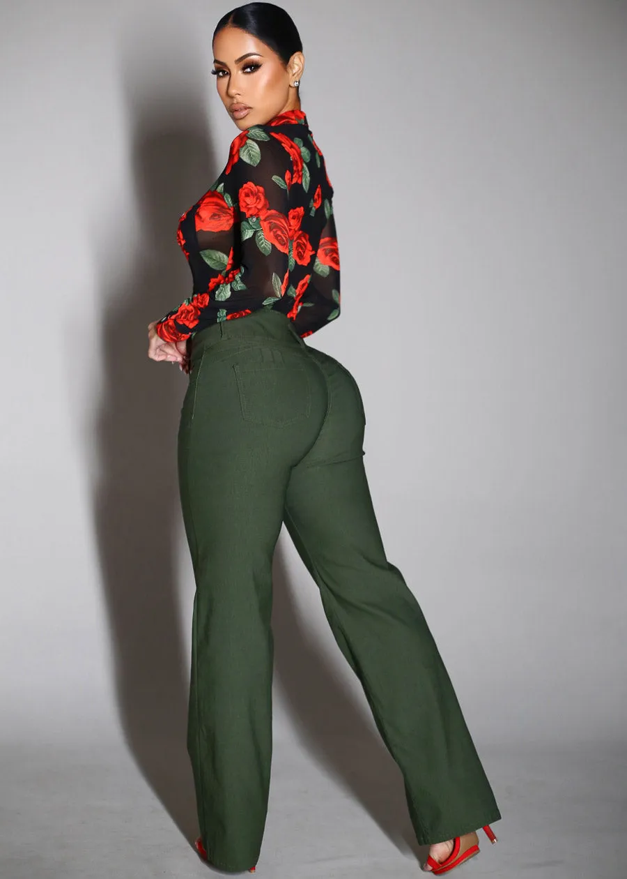 MX JEANS Butt Lift Hyper Stretch Straight Wide Leg Pants Olive sold by Moda product image thumbnail 3