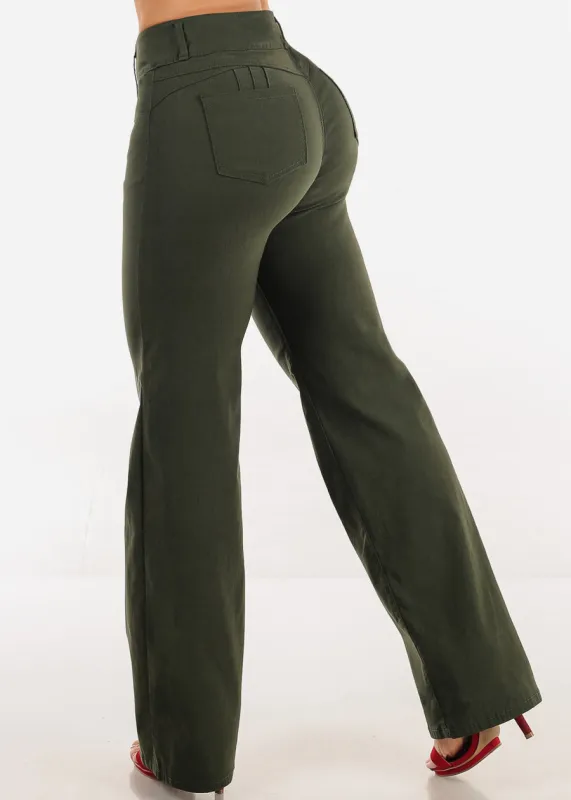 MX JEANS Butt Lift Hyper Stretch Straight Wide Leg Pants Olive made by Moda