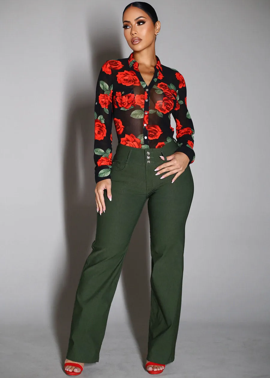 MX JEANS Butt Lift Hyper Stretch Straight Wide Leg Pants Olive sold by Moda product image thumbnail 2