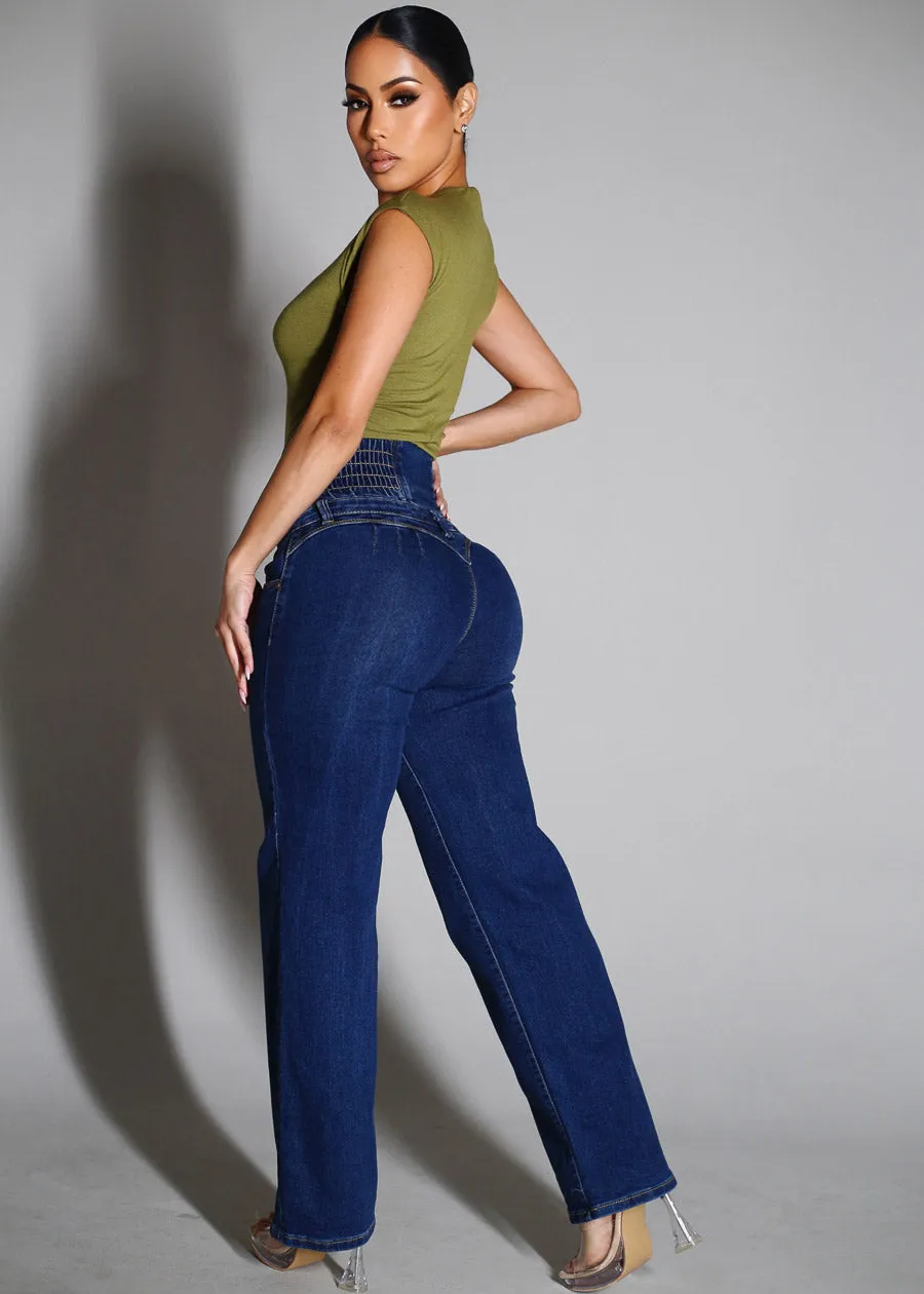 MX JEANS Butt Lift 5 Button Spandex Waist Straight Wide Leg Jeans Dark Wash sold by Moda product image thumbnail 2