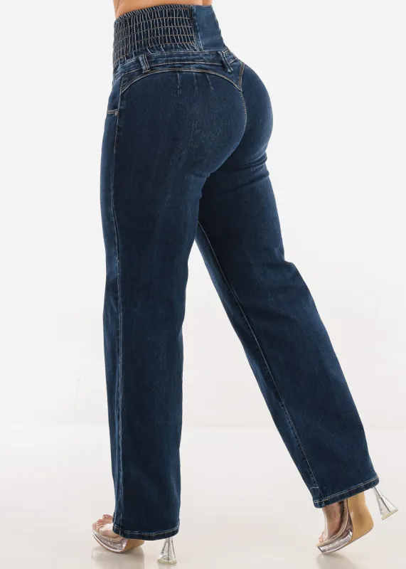 MX JEANS Butt Lift 5 Button Spandex Waist Straight Wide Leg Jeans Dark Wash sold by Moda