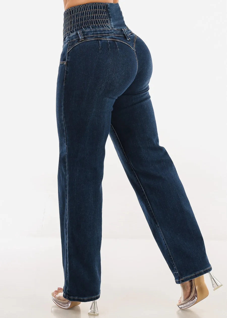 MX JEANS Butt Lift 5 Button Spandex Waist Straight Wide Leg Jeans Dark Wash sold by Moda