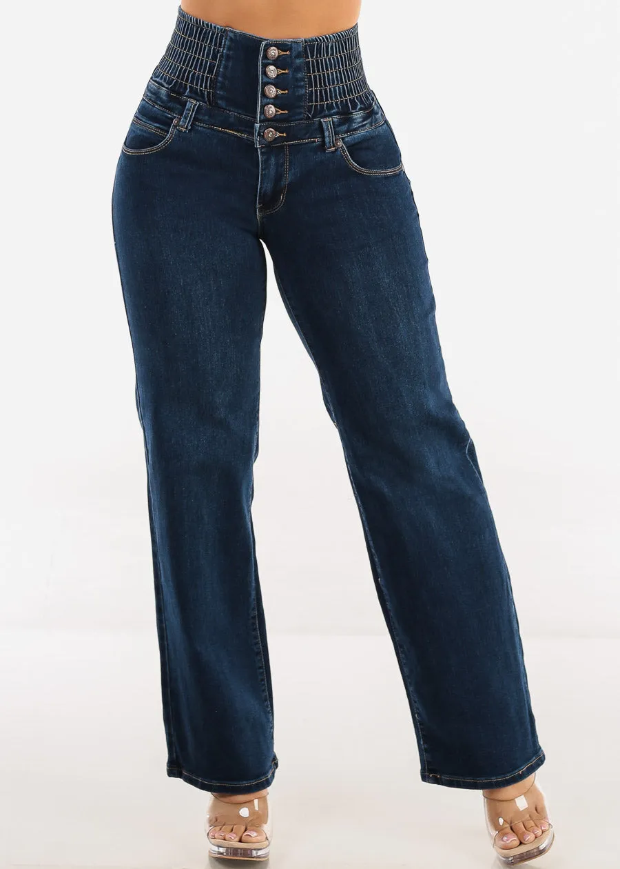 MX JEANS Butt Lift 5 Button Spandex Waist Straight Wide Leg Jeans Dark Wash sold by Moda product image thumbnail 4
