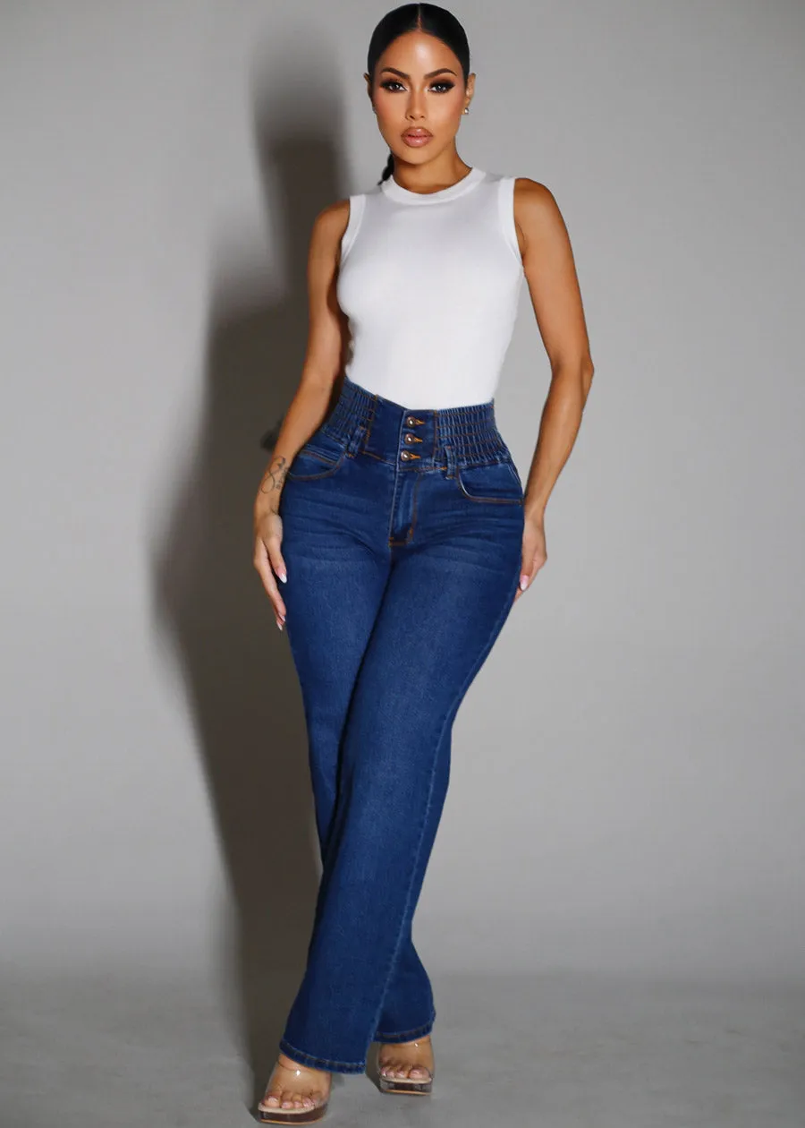 MX JEANS Butt Lift 3 Button Spandex Waist Straight Wide Leg Jeans Dark Blue sold by Moda product image thumbnail 2
