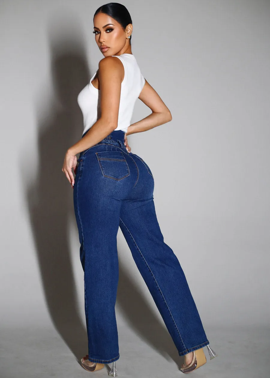MX JEANS Butt Lift 3 Button Spandex Waist Straight Wide Leg Jeans Dark Blue sold by Moda product image thumbnail 3