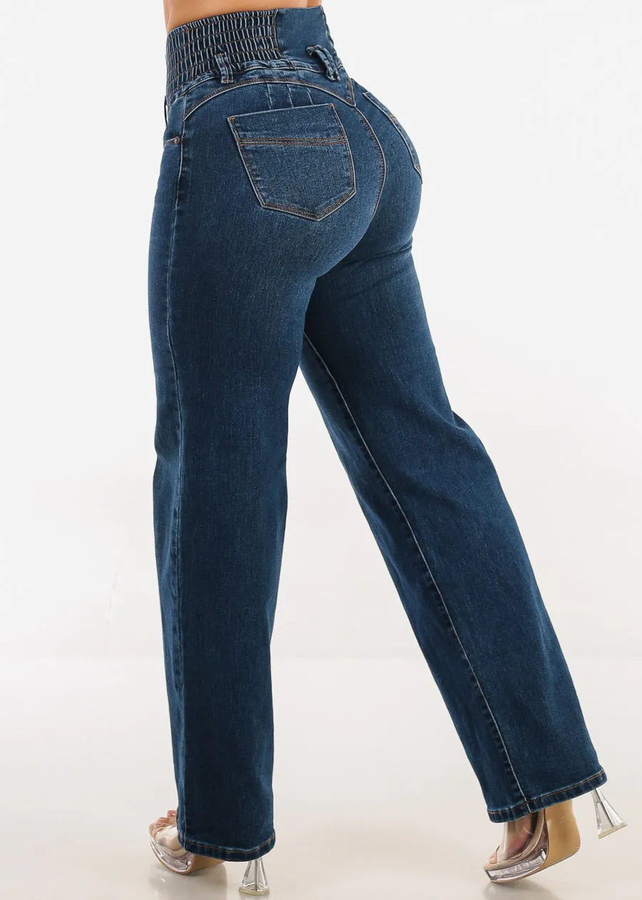 MX JEANS Butt Lift 3 Button Spandex Waist Straight Wide Leg Jeans Dark Blue sold by Moda