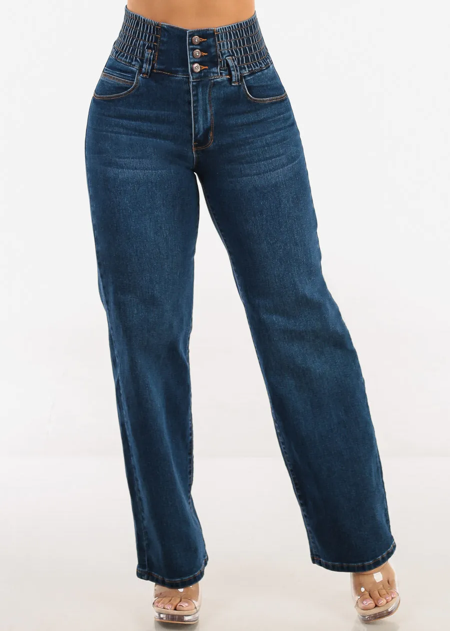 MX JEANS Butt Lift 3 Button Spandex Waist Straight Wide Leg Jeans Dark Blue sold by Moda product image thumbnail 4