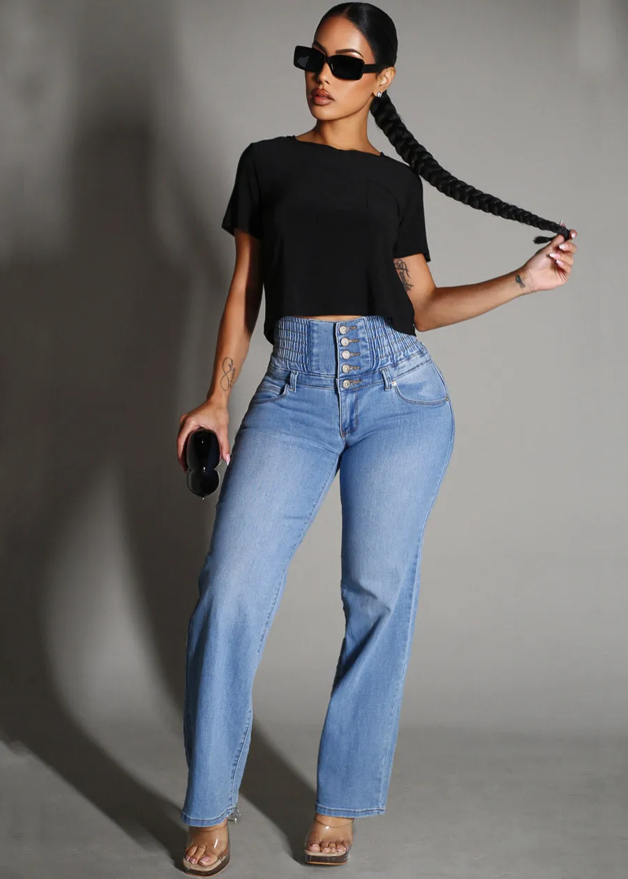 MX JEANS Butt Lift 5 Button Spandex Waist Straight Wide Leg Jeans Light Wash sold by Moda product image thumbnail 2