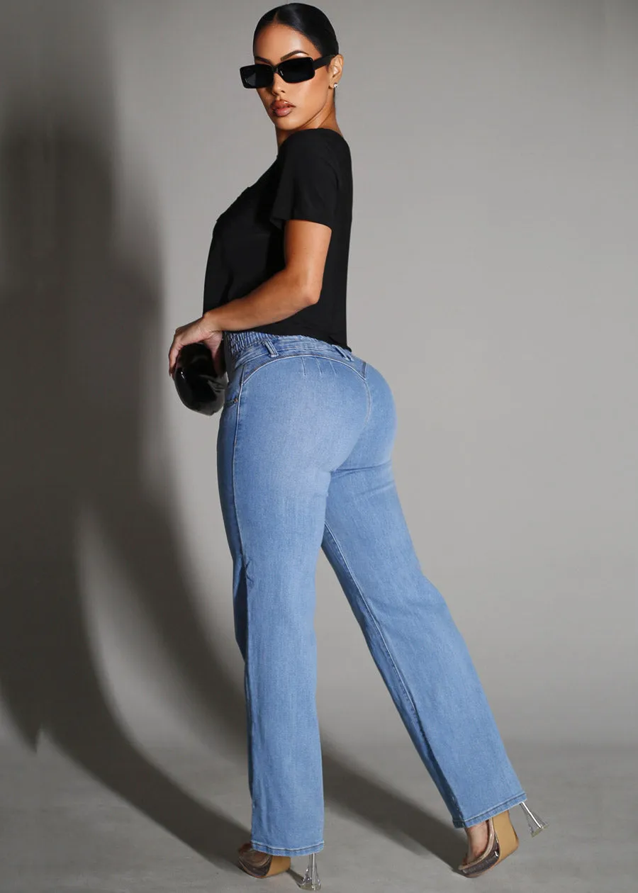MX JEANS Butt Lift 5 Button Spandex Waist Straight Wide Leg Jeans Light Wash sold by Moda product image thumbnail 3