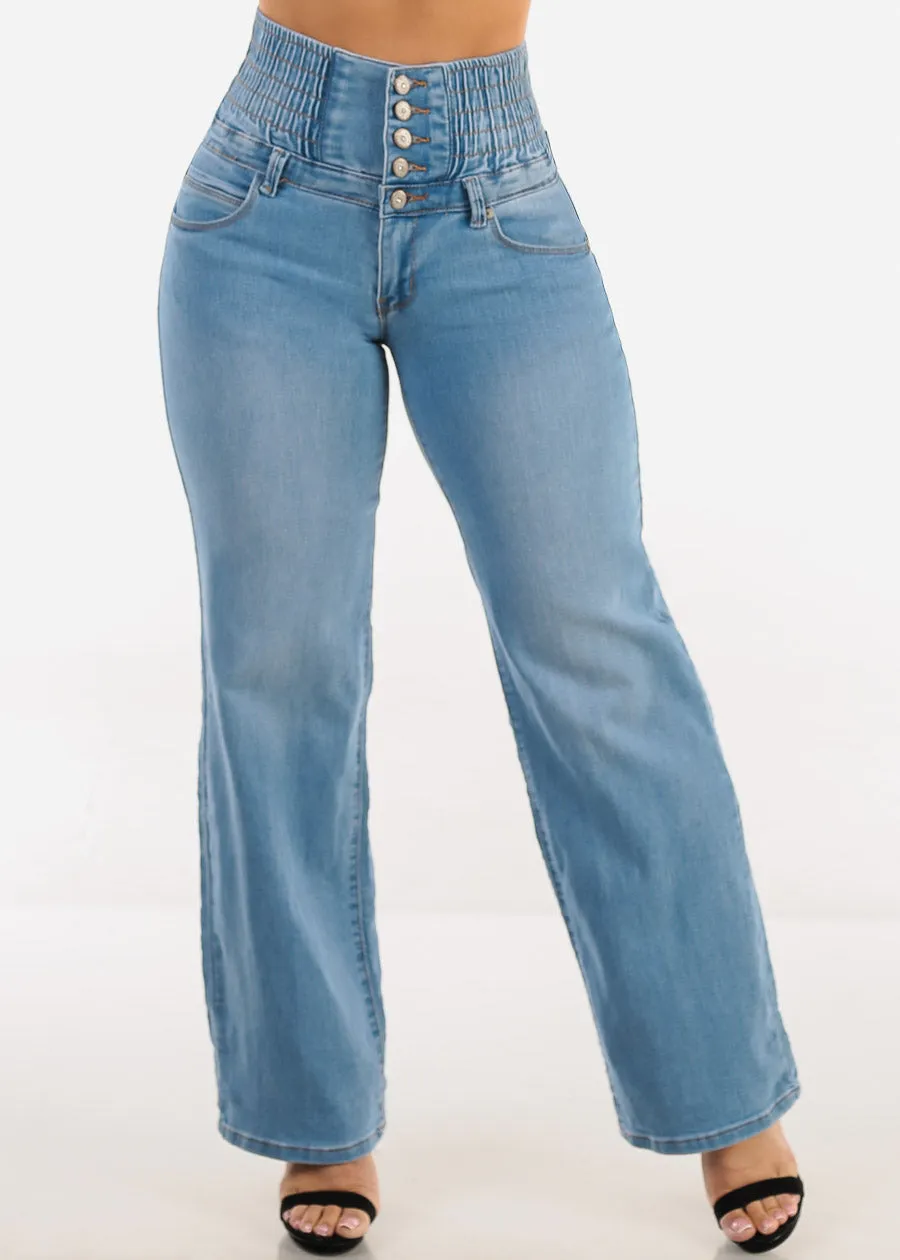 MX JEANS Butt Lift 5 Button Spandex Waist Straight Wide Leg Jeans Light Wash sold by Moda product image thumbnail 4
