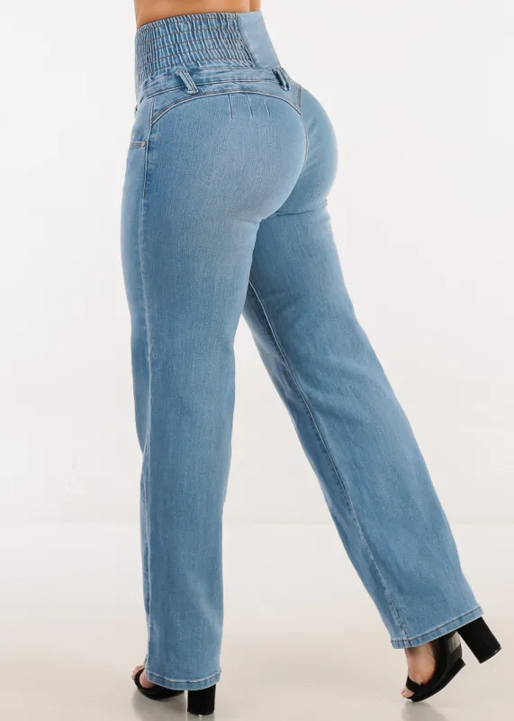 MX JEANS Butt Lift 5 Button Spandex Waist Straight Wide Leg Jeans Light Wash sold by Moda
