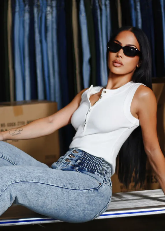 Sleeveless Henley Rib Knit Stretch Top White sold by Moda