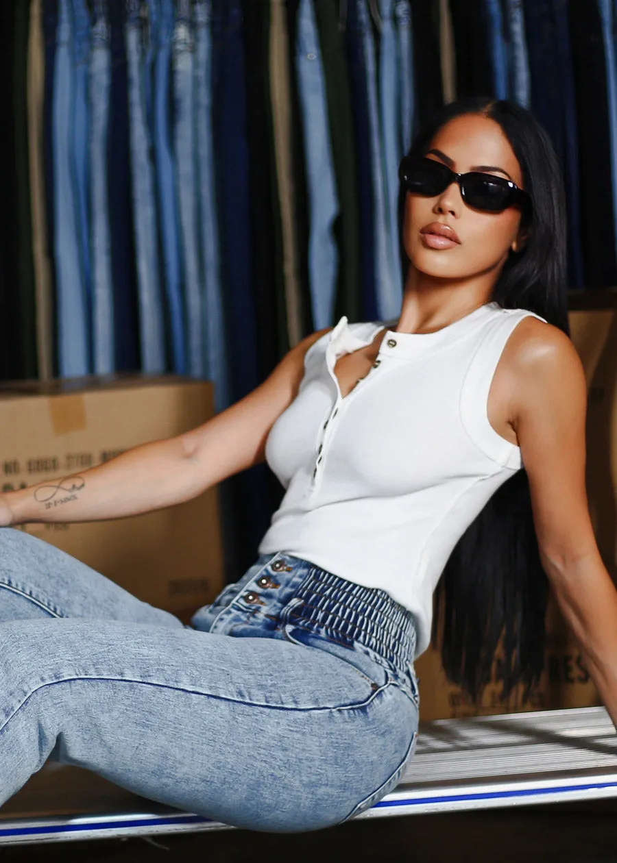 Sleeveless Henley Rib Knit Stretch Top White sold by Moda