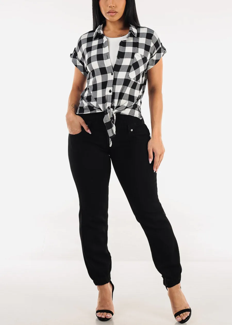 Tie Front Short Sleeve Button Up Plaid Blouse B&W sold by Moda product image thumbnail 5