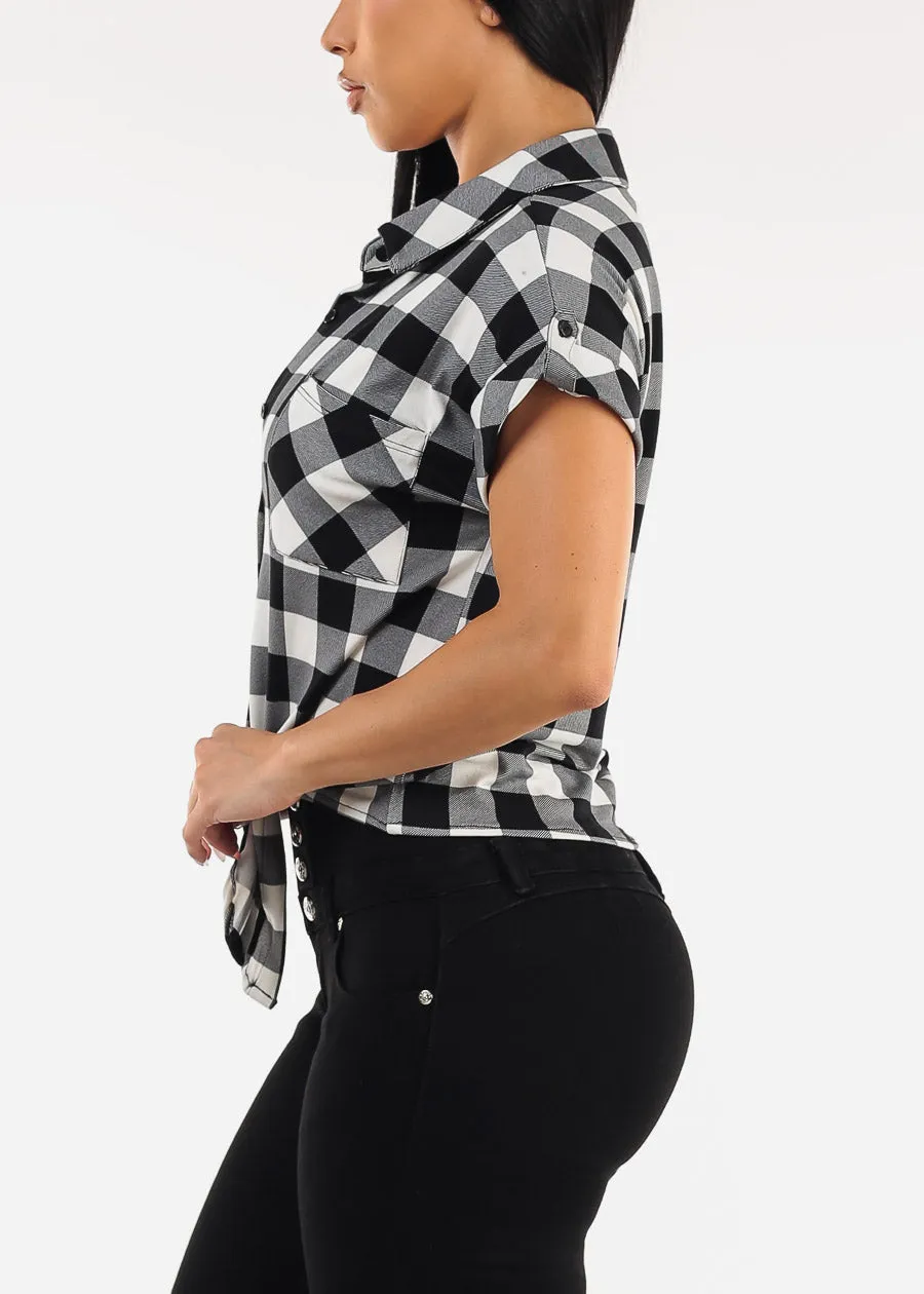 Tie Front Short Sleeve Button Up Plaid Blouse B&W sold by Moda product image thumbnail 3