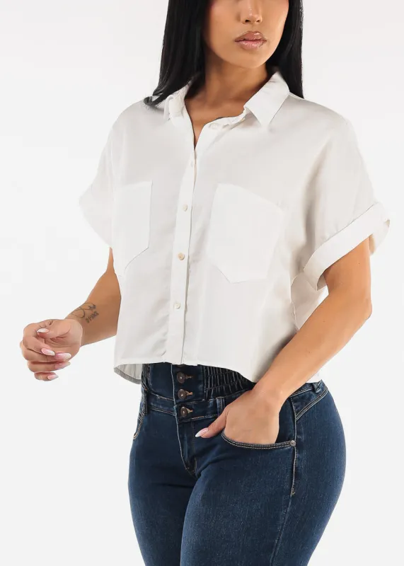 Short Sleeve Button Up White Flowy Shirt sold by Moda