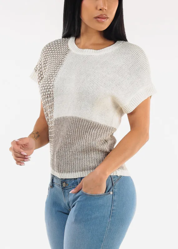 Short Sleeve Colorblock Printed Sweater Top Taupe & White sold by Moda