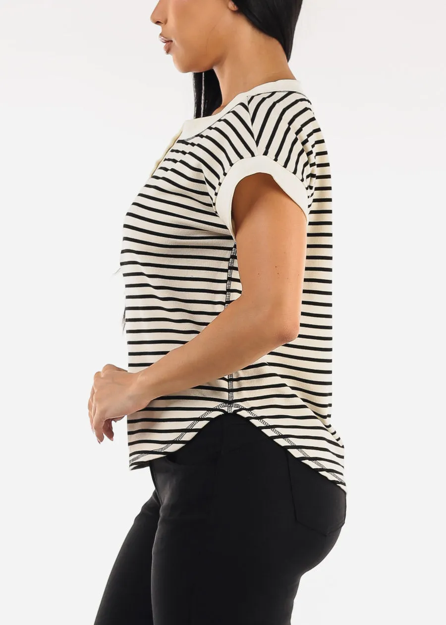 Short Sleeve Half Button Up Stripe Stretch Top Black & White sold by Moda product image thumbnail 3
