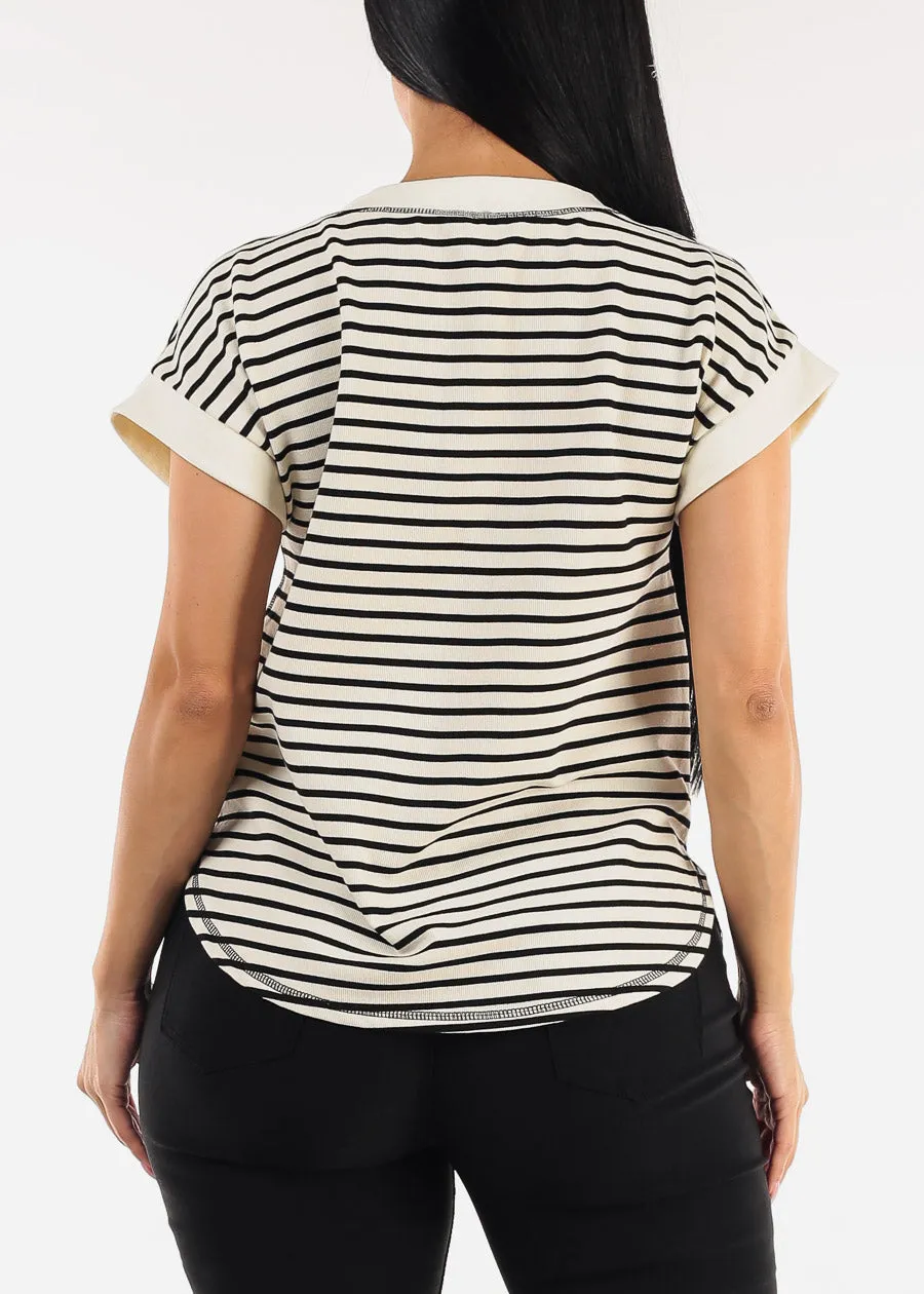 Short Sleeve Half Button Up Stripe Stretch Top Black & White sold by Moda product image thumbnail 4