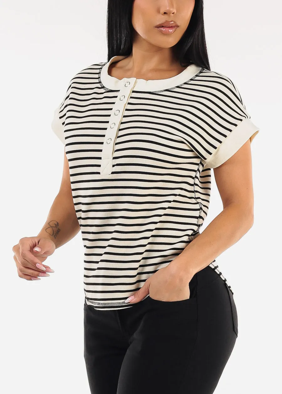 Short Sleeve Half Button Up Stripe Stretch Top Black & White sold by Moda