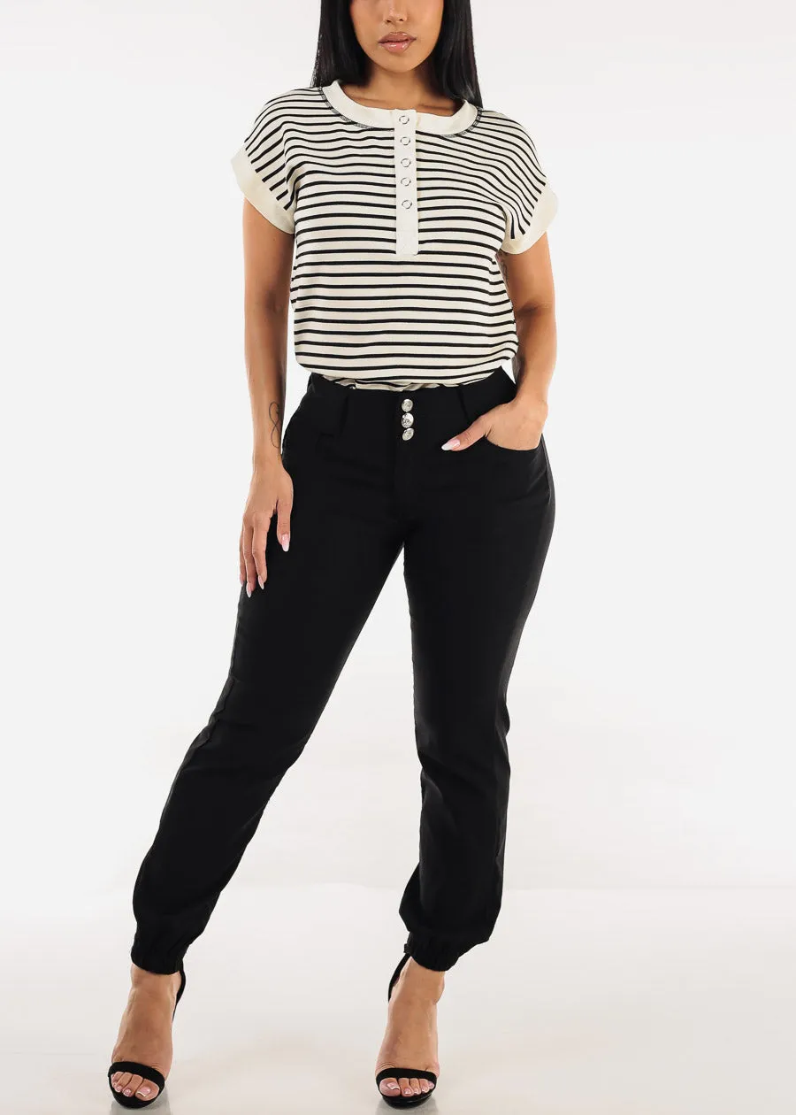 Short Sleeve Half Button Up Stripe Stretch Top Black & White sold by Moda product image thumbnail 5