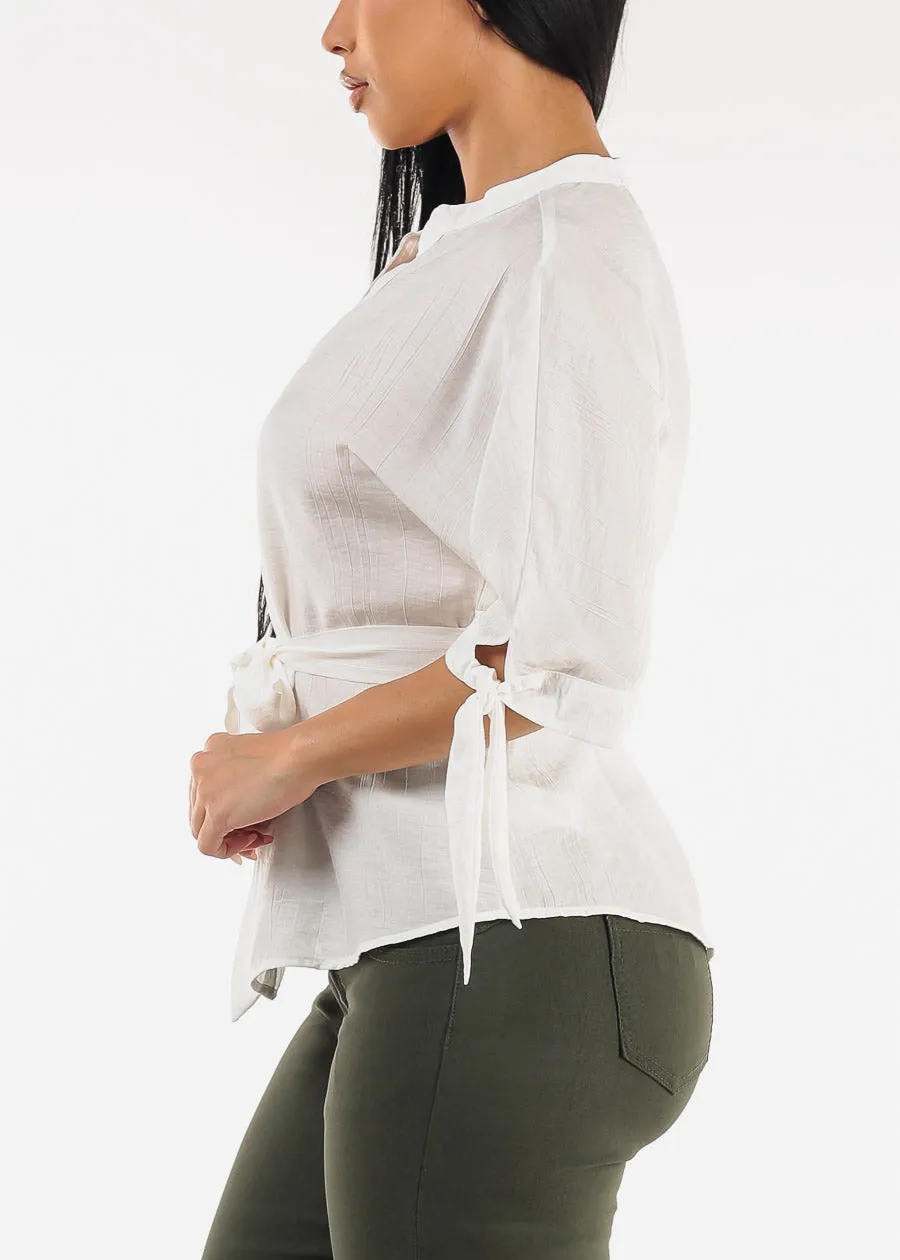 Belted Short Sleeve Button Up Blouse White sold by Moda product image thumbnail 3