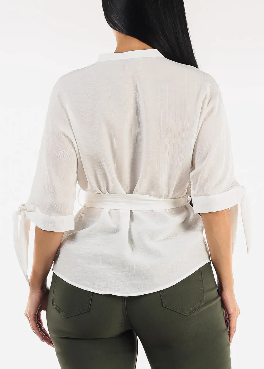 Belted Short Sleeve Button Up Blouse White sold by Moda product image thumbnail 4
