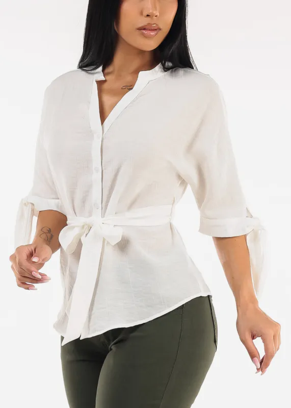 Belted Short Sleeve Button Up Blouse White sold by Moda