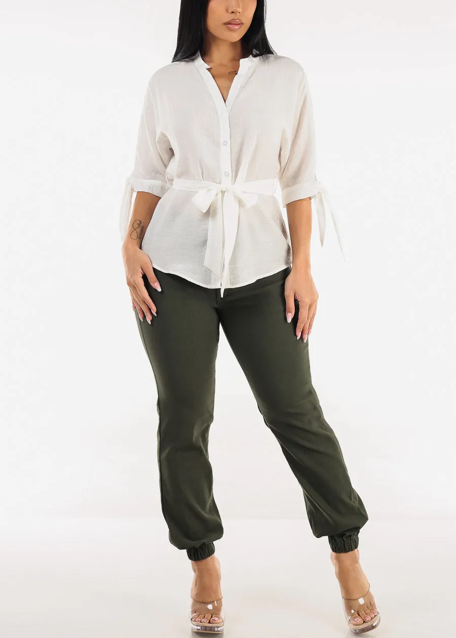 Belted Short Sleeve Button Up Blouse White sold by Moda product image thumbnail 5