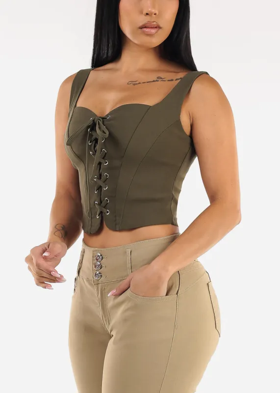 Sleeveless Lace Up Crop Top Olive sold by Moda