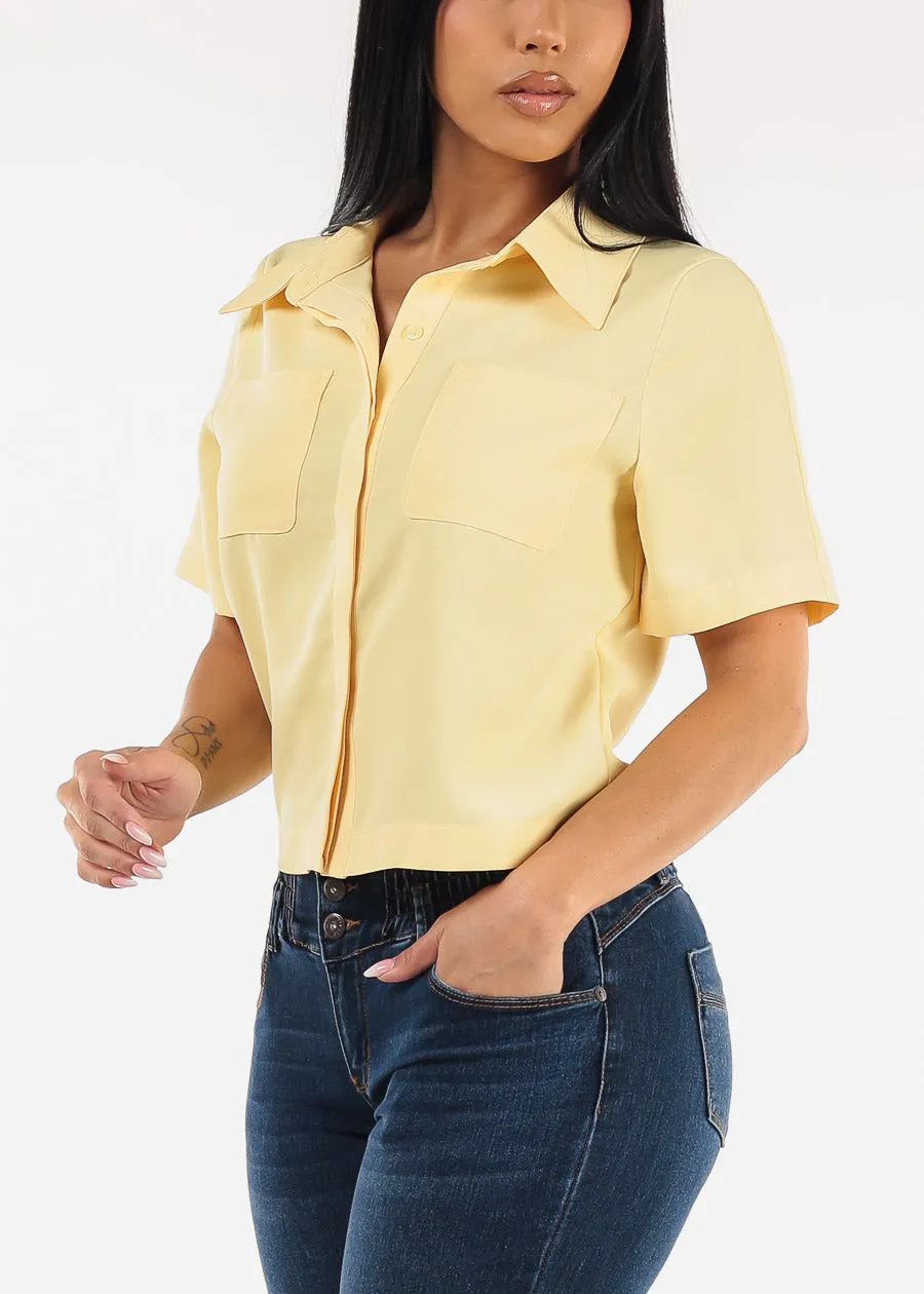 Short Sleeve Button Up Collared Blouse Yellow sold by Moda