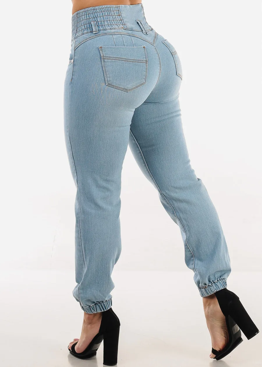 MX JEANS Butt Lift 3 Button Spandex Waist Jogger Jeans Light Wash sold by Moda