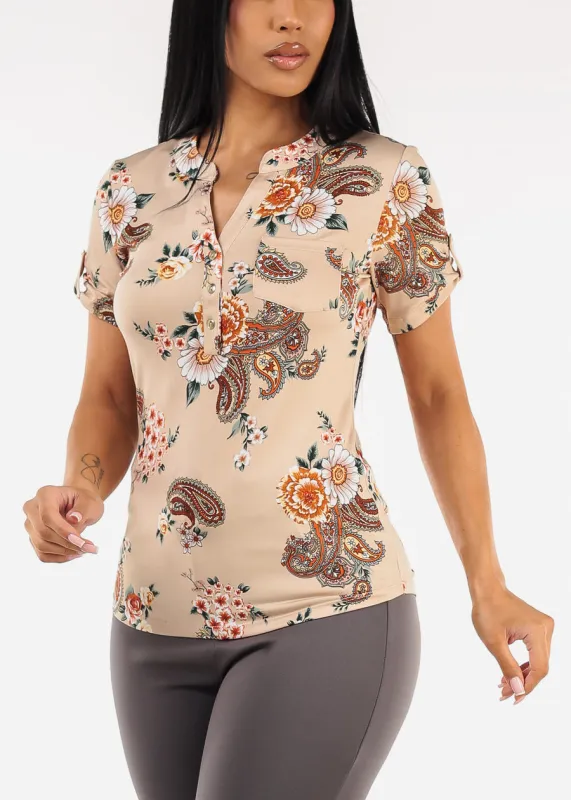 Stretchy Floral Short Sleeve Half Button Up Blouse Taupe sold by Moda