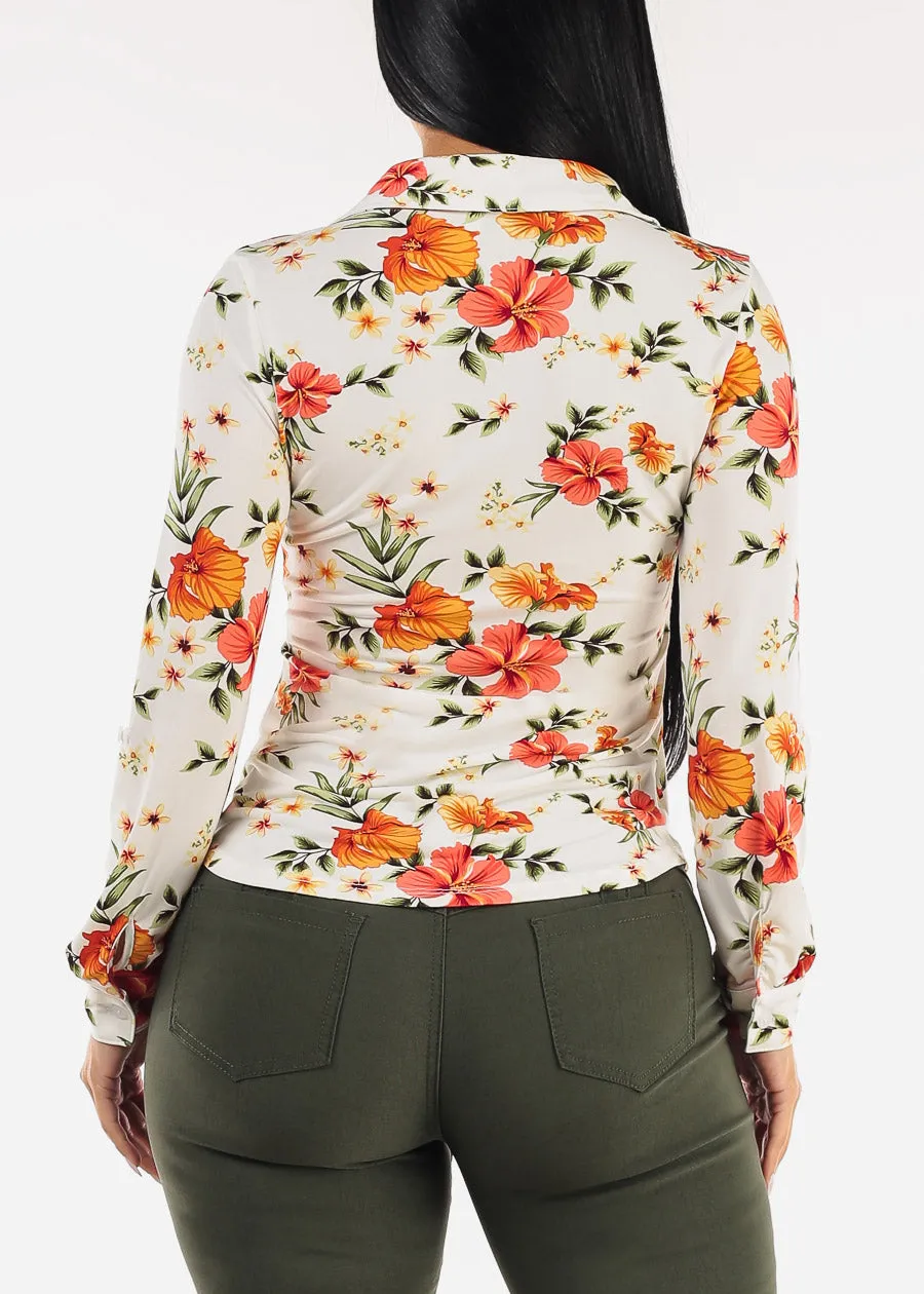 Stretchy Long Sleeve Button Up Floral Collared Blouse Ivory sold by Moda product image thumbnail 4