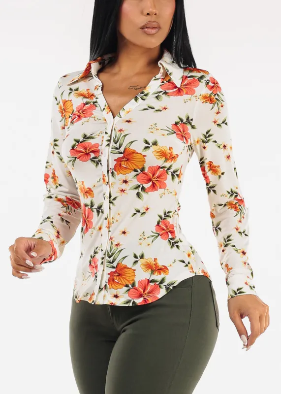 Stretchy Long Sleeve Button Up Floral Collared Blouse Ivory sold by Moda