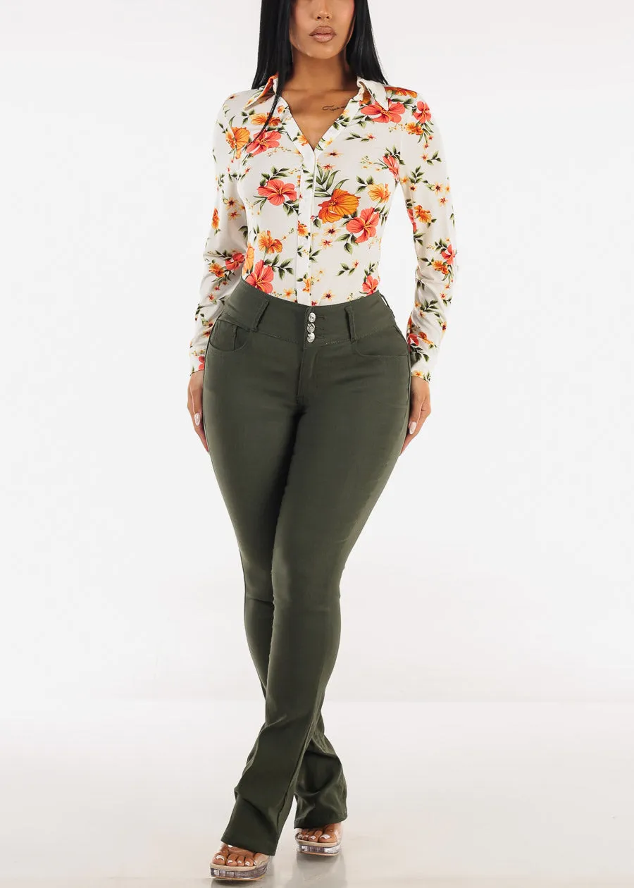 Stretchy Long Sleeve Button Up Floral Collared Blouse Ivory sold by Moda product image thumbnail 5