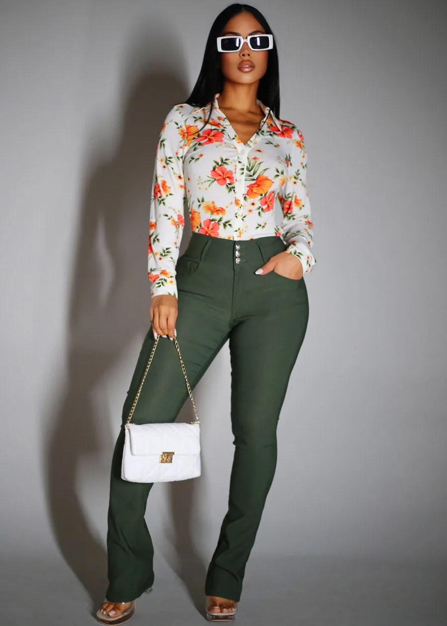 Stretchy Long Sleeve Button Up Floral Collared Blouse Ivory sold by Moda product image thumbnail 2