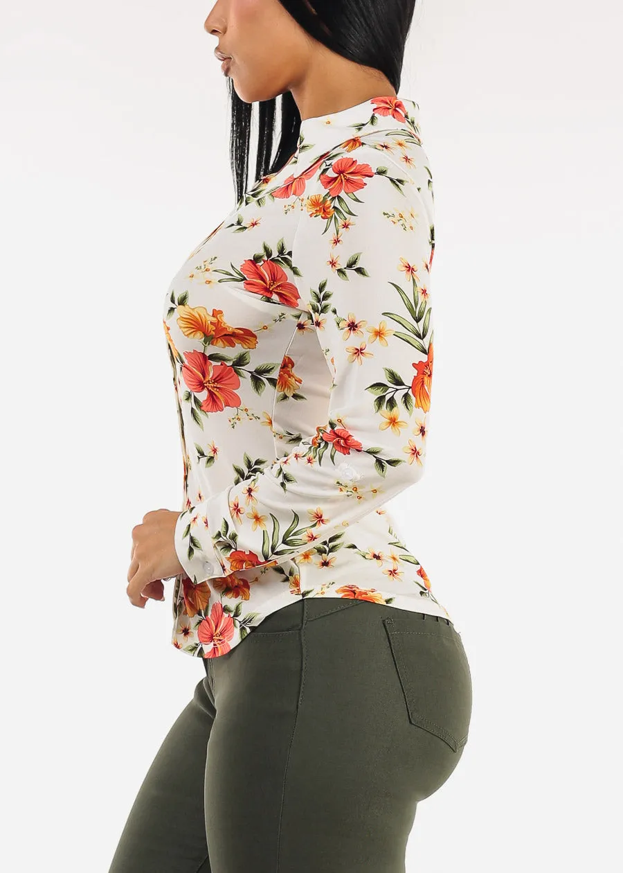 Stretchy Long Sleeve Button Up Floral Collared Blouse Ivory sold by Moda product image thumbnail 3